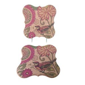 Colorful Bird and Flower Scalloped Cork Trivet Hot Plate Set of 2